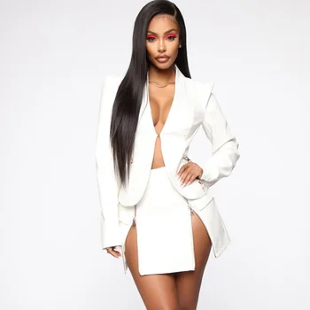 

Autumn PU Leather Sexy Women Jacket and Skirt Set Fashion Long Sleeve V-Neck Two Piece Set Women Zipper Casual Ladies Set