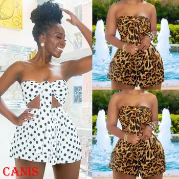 

Women 2 Piece Leopard Or Dot Outfits Sexy Boob Tube Crop Top + Short Pants Set Casual Jumpsuit