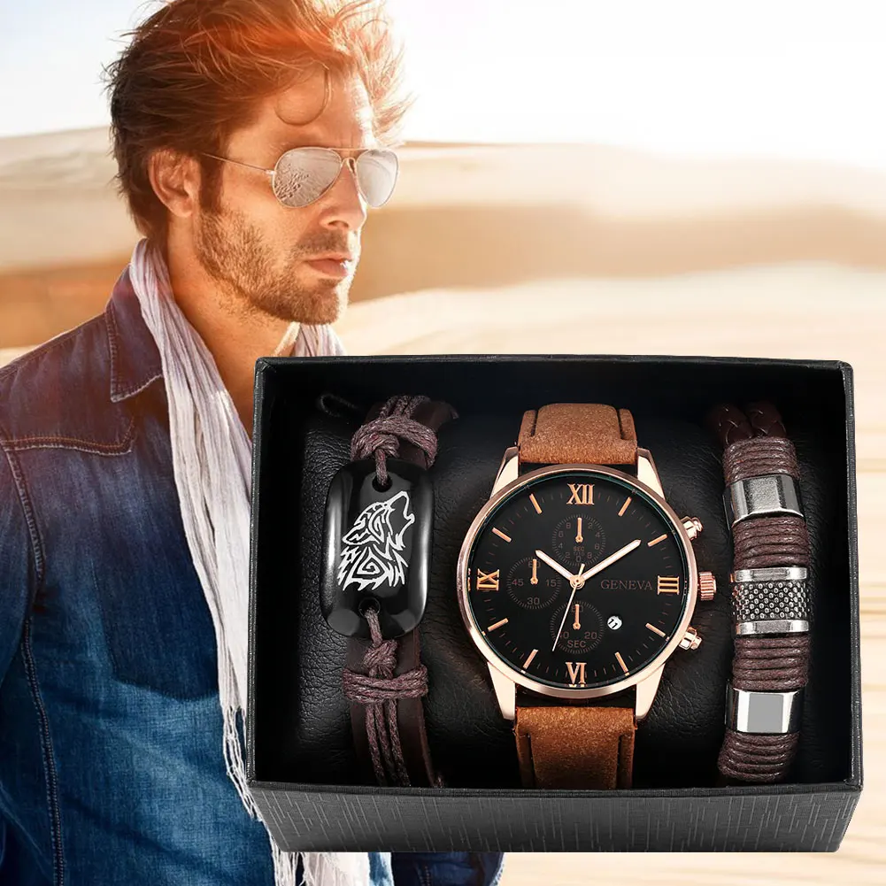 Practical Birthday Gifts for Boys Men's Leather Quartz Watch Roman Numeral Dial with Calendar Man Brown Wolf Head Bracelets Set