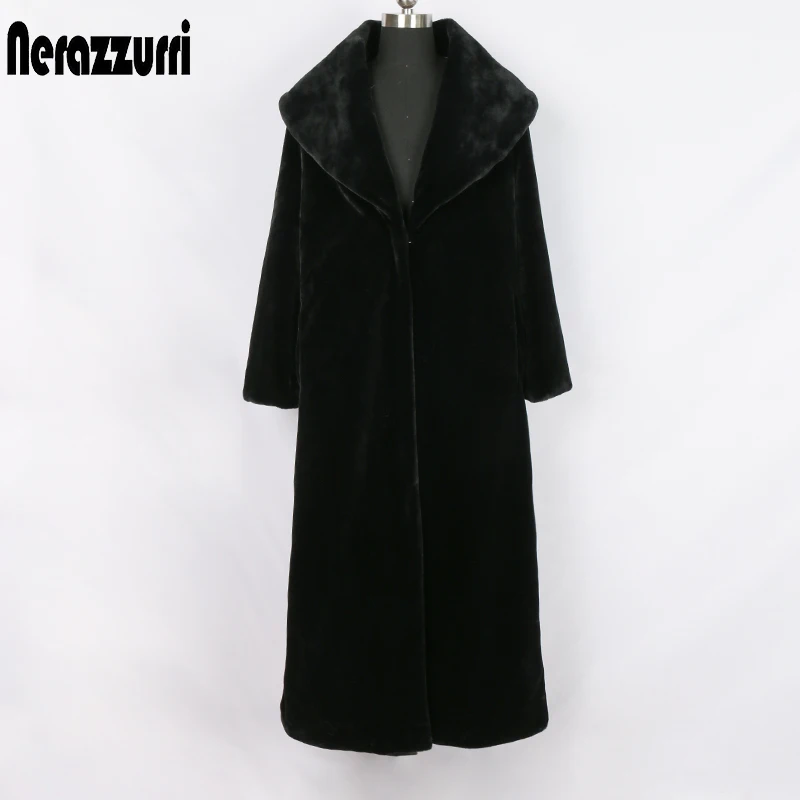 Nerazzurri удлиненный черное зимнее пальто из искусственного меха для женщин с длинным рукавом и отложным воротником пушистая поддельная шуба из норкового меха 5xl 6xl 7xl пальто из экомеха плюшевая шуба верхняя одежда