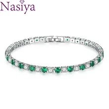 Изумрудно-зеленый кубический цирконий серебряные браслеты простой стиль 4 мм вечерние свадебные браслеты на цепочке для женщин Серебряный браслет ювелирные изделия