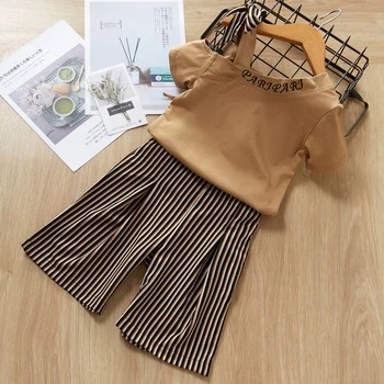 

New female children's suit spring and summer shoulder bow round neck shirt black striped casual pants 2 pieces toddler clothes