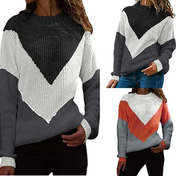 

Women Contrast Stitching Knit Sweater Shirt Blouse Round Neck Long Sleeve Casual Tops Autumn Winter TY53