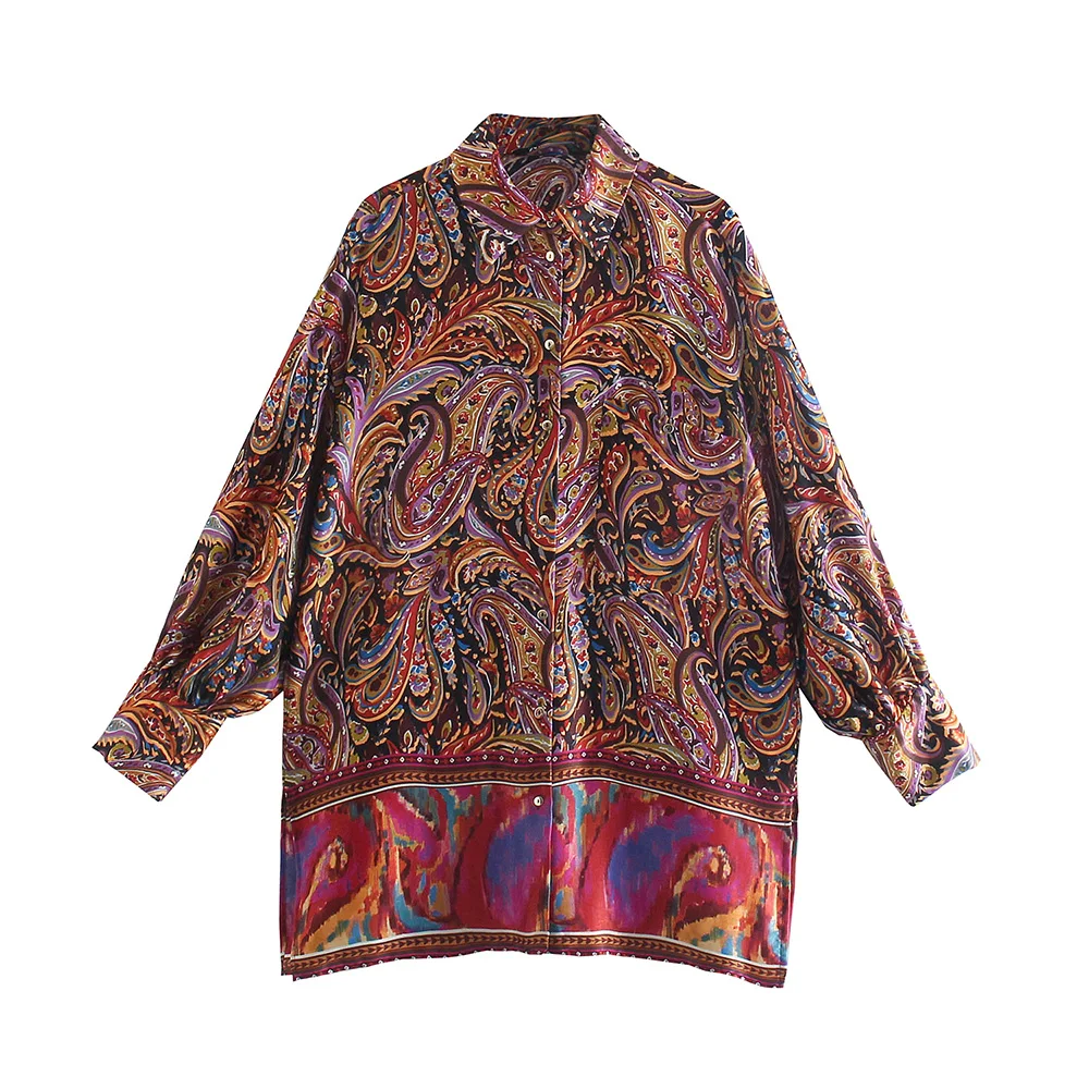 

Топы женская одежда в стиле бохо, воротник с лацканами, длинный рукав, свободная длинная рубашка, топ на пуговицах, винтажные богемные рубашки с принтом пейсли, блузки