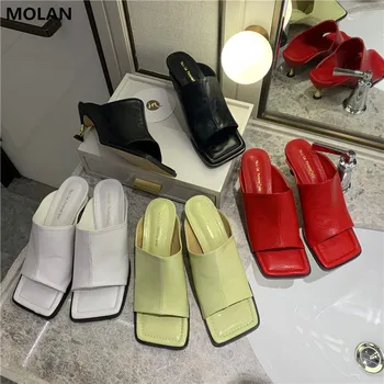 

MOLAN Brand Designers 2020 Summer Luxury Genuine Leather Sexy High Heels Shoes Lady Pumps Slip On Loafers Mules Flip Flops 35-40