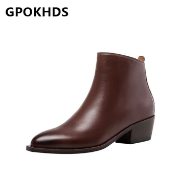 

GPOKHDS 2021 women Ankle boots Cow leather Winter short plush Pointed Toe Zipper Med heels female Western boots size 40