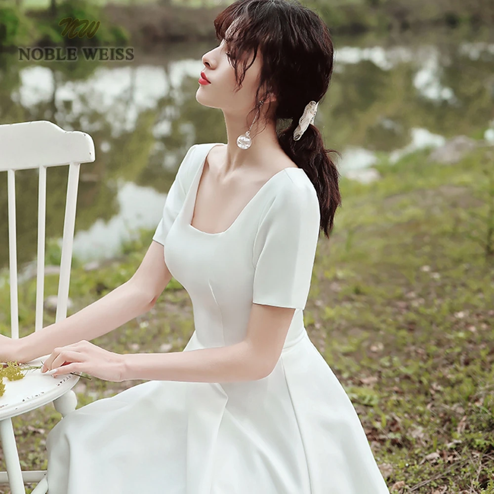 Prom Dress A-Line Short Prom Dress  Cocktail Dresses  Satin  Tea-Length  Sexy Prom Dress with Short Sleeves