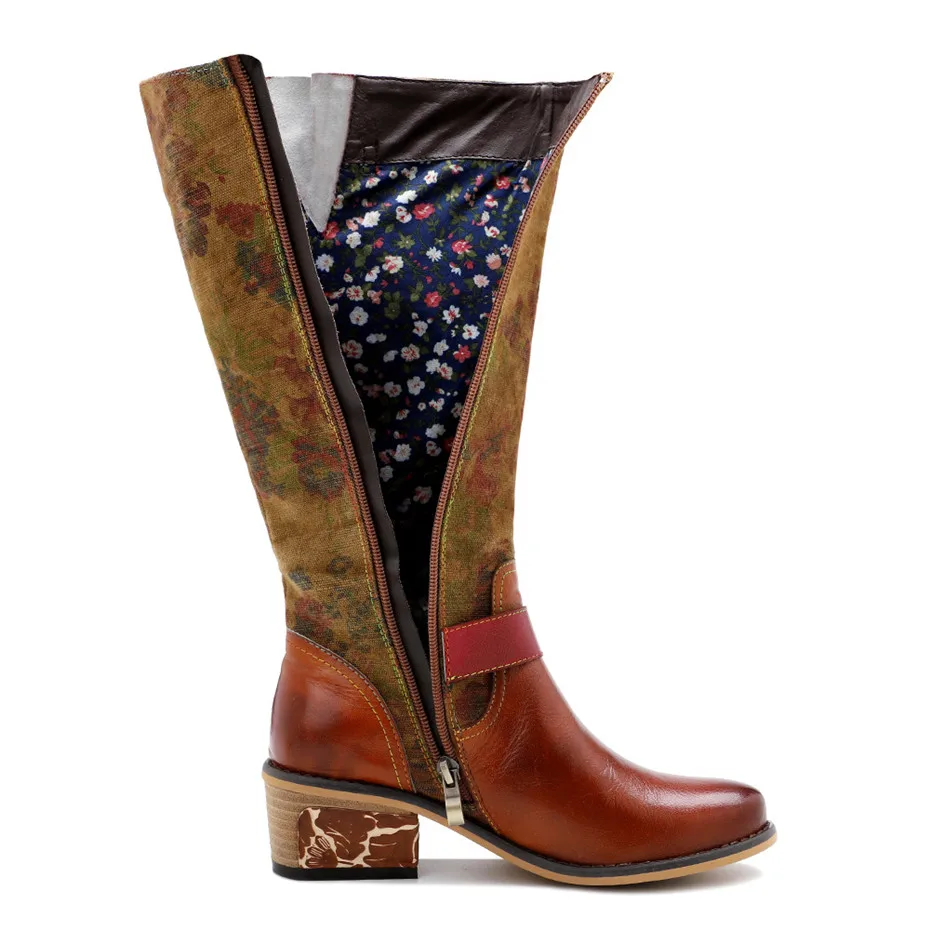 2020 Autumn Winter New Women's Knee High Riding Boots Ethnic Genuine Leather High Heels Female Western Boots Footwear Handmade (1)