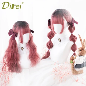 

DIFEI Long Straight Lolita Wigs for Women Black Pink Two Tone Ombre Synthetic Hair Wigs with Bangs Cosplay Red/Blonde False Hair