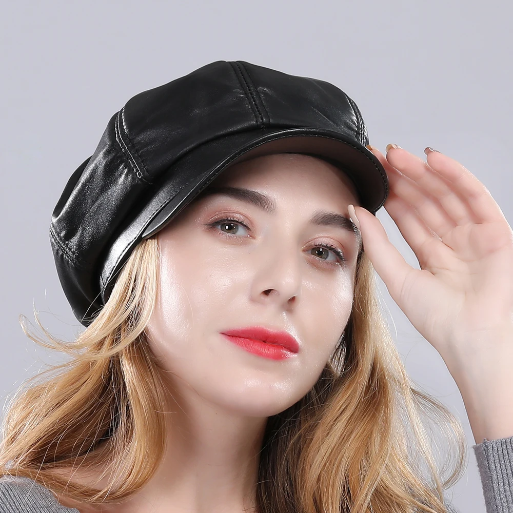 New Arrival Autumn Winter Women's Hat Genuine Leather Newsboy Caps Elegant Sheepskin Tongue Cap Cuero Genuino Sombrero