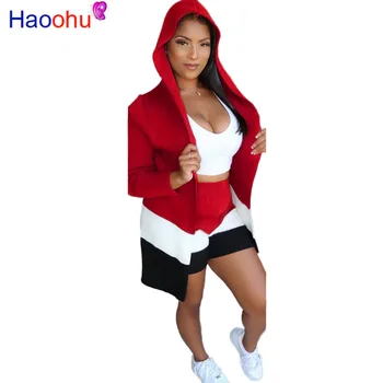 

Color Block 3 Piece Set Women Outfits Backless Cropped Tank Tanks + Hooded Long Sleeve X-Long Coat + Biker Shorts Causal Set