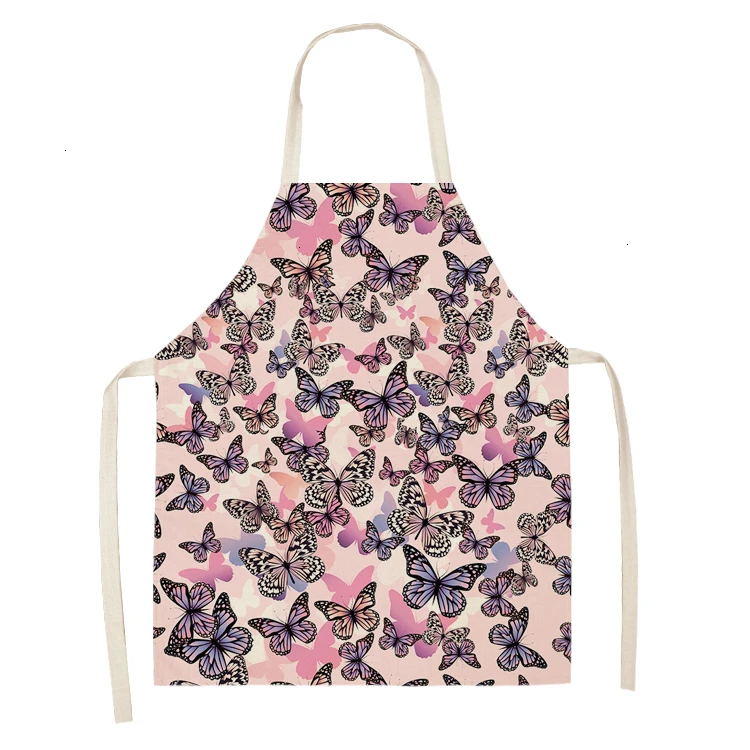 1PC Cotton Baking Waist Bib Linen Flower Butterfly Printed Kitchen Sleeveless Aprons Women Home Cooking Pinafore 53*65cm WQL0147 - Color: WQL0147-14