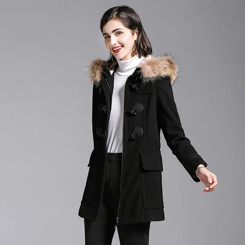 BURDULLY черное шерстяное пальто зимняя женская куртка модная с меховым воротником Верхняя одежда с капюшоном средней длины тонкое женское пальто