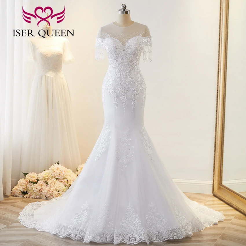 reception dress for bride Beautiful Beaded Lace Mermaid Wedding Dresses 2022 Sheer Neck Pearls Tassel Sleeves America And Europe New Wedding Dress WX0220 ball gown wedding dress