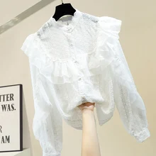 White Blouse Women Sweet Chiffon Lace Frilled Transparent Stand Collar Shirt Women's Single Breasted Elegant Tops Ladies Top White Blouse Women Sweet Chiffon Lace Frilled Transparent Stand Collar Shirt Women's Single Breasted Elegant Tops Ladies Top