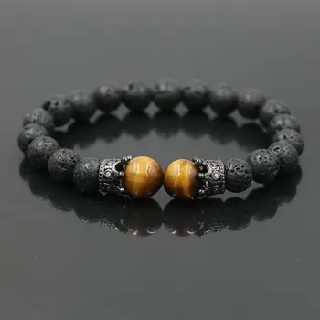 Fashion Men Bracelet Natural Lava Stone Tiger Eye stone Bracelet Charm Copper Luxury Crown Bracelet Men Beads Jewelry Pulseira