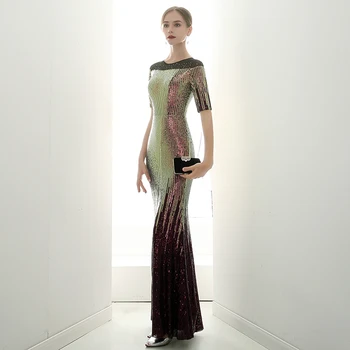 

wei yin AE0256 Robe De Soiree Half Sleeves 2019 Long Evening Dresses Simple O Neck Sequins Evening Party Dress