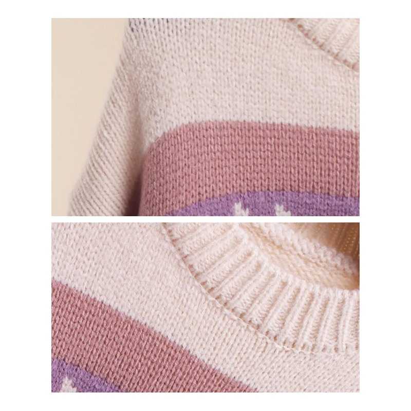New Colorful Striped Jacquard Sweater Women In Autumn Winter, Sweet Two-color Pullovers Women, Loose Casual Knit Tops O-Neck New Colorful Striped Jacquard Sweater Women In Autumn Winter, Sweet Two-color Pullovers Women, Loose Casual Knit Tops O-Neck