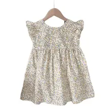 

Dress Floral Print Back Elastic Waist Flying Sleeve Breathable Wide Hem Middle Length Kids Pleated Wide Hem Dress for Daily Wear