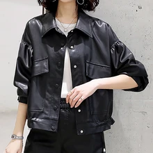 New Spring Women Faux Leather Jacket Biker Coat Turndown Collar PU Motorcycle Jackets Loose Streetwear Ogirl uterwear Autumn