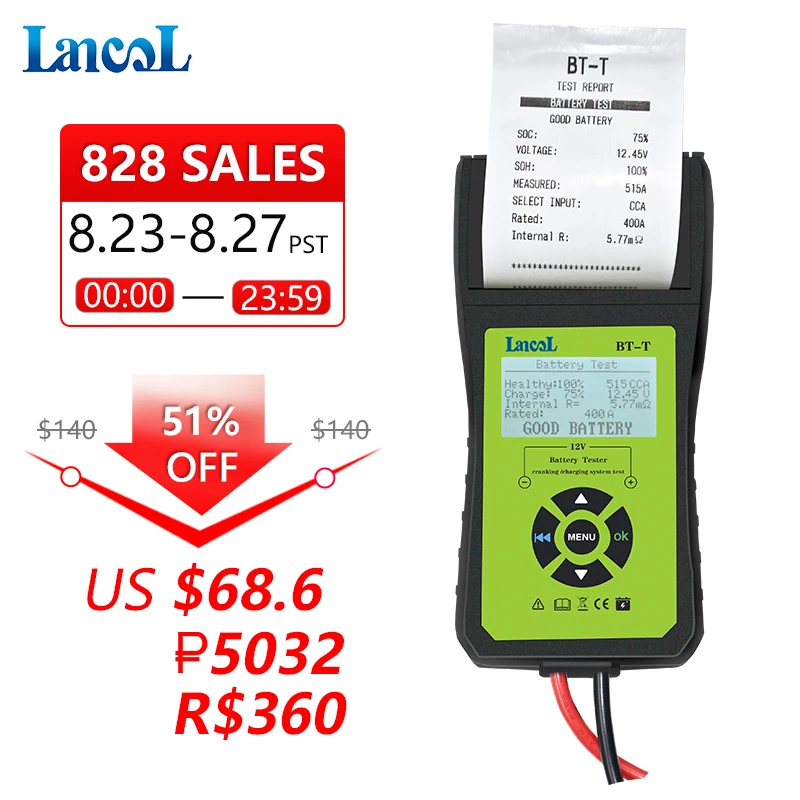 Lancol BT-T 12V Auto Battery Diagnostic Tool  For Digital  Battery Tester With Printer  For Fast And Simple Print  Test Result