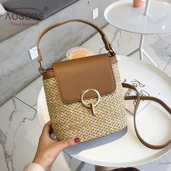 

Aosbos Straw Bucket Bags for Women Summer Straw Beach Crossbody Bag Lady Travel Purses and Handbag Female Shoulder Messenger Bag