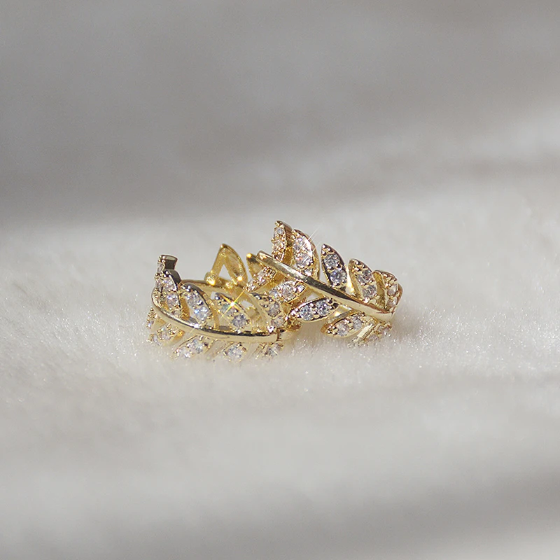 Ins Hot Sale Exquisite Gold Leaves Circle Women Earring 14k Real Gold AAA cz Temperament Buckle Earrings Birthday Gift