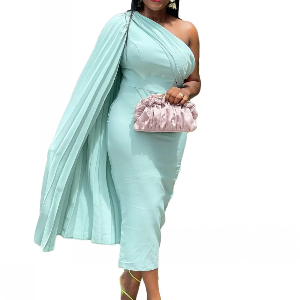 African Plus Size Women Dress Summer Oblique Shoulder Solid Color Pleated High Waist Bodycon Dress Lady Office Work Wear Vestido