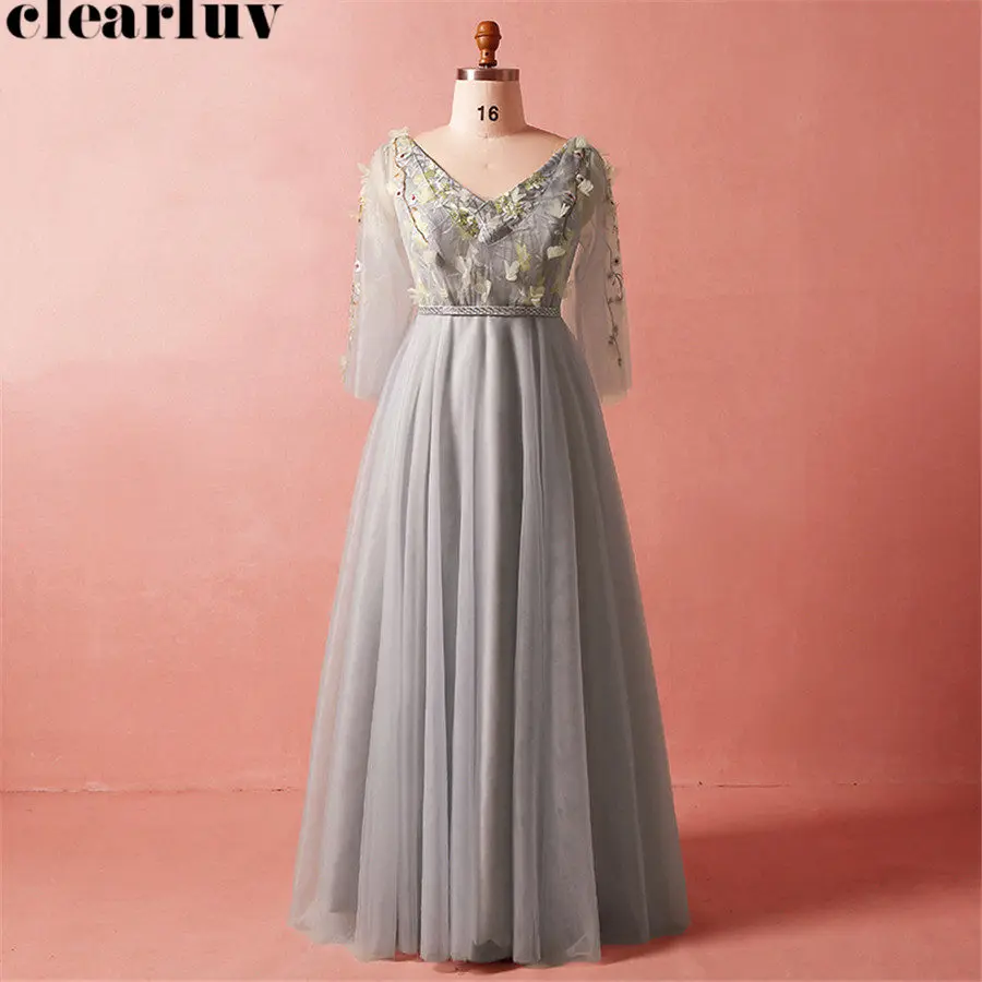 

V-neck Evening Gown Long Sleeves Robe De Soiree T451 2019 Plus Size Embroidery Flowers Women Party Dresses Elegant Evening Dress
