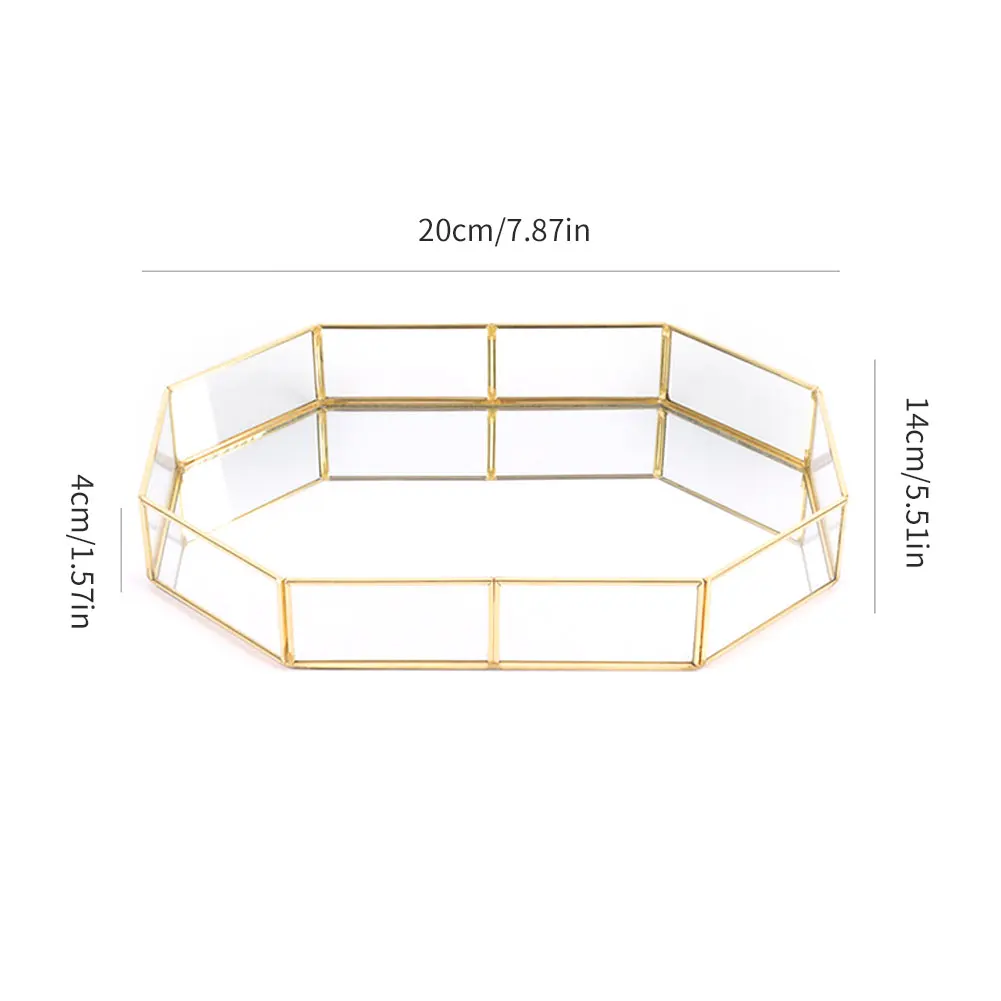 Корзины для хранения косметики, Винтажный Золотой Органайзер в форме многоугольника, латунный тон, прозрачное стекло, богатое ювелирное изделие, лоток для хранения мелочей, коробка