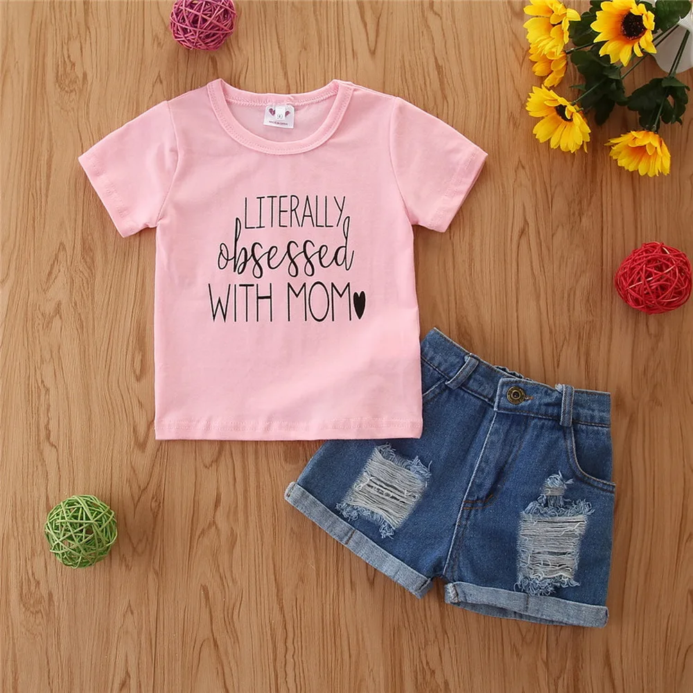 

Kids Girls Clothes Set For Summer Two Piece Toddler Girl Clothing Set Short Sleeve Tops + Jeans Children Girl Outfits Set D30