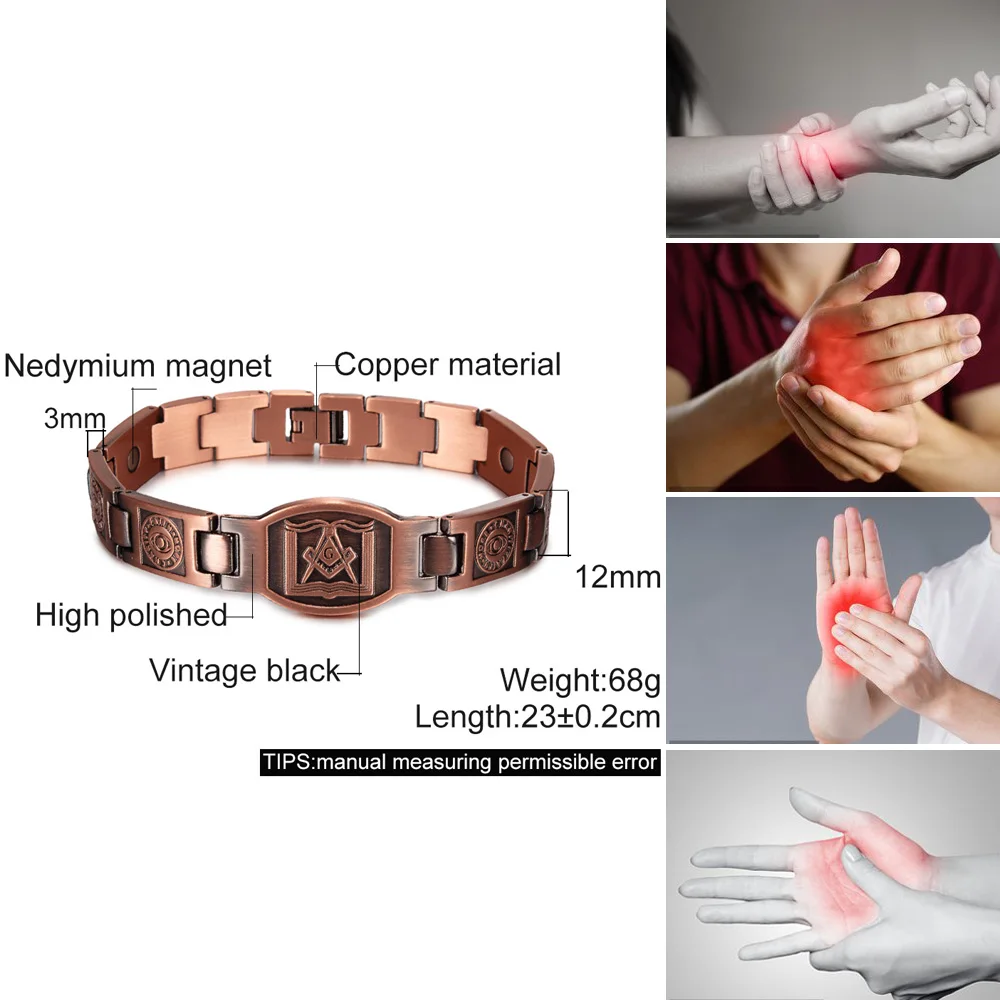 Masonic Magnetic Bracelet Copper 12mm Wristband Magnetic Men Bracelet Arthritis Vintage Ethnic Tribal Eye Health Energy Bracelet