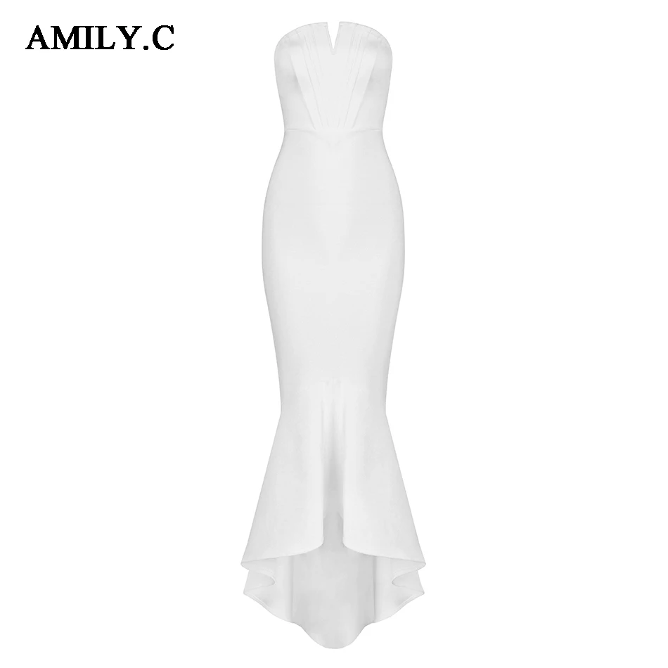 Amily. c Новое весеннее женское платье без бретелек сексуальное облегающее Бандажное платье элегантные вечерние платья знаменитостей с белым рыбий хвост Vestidos