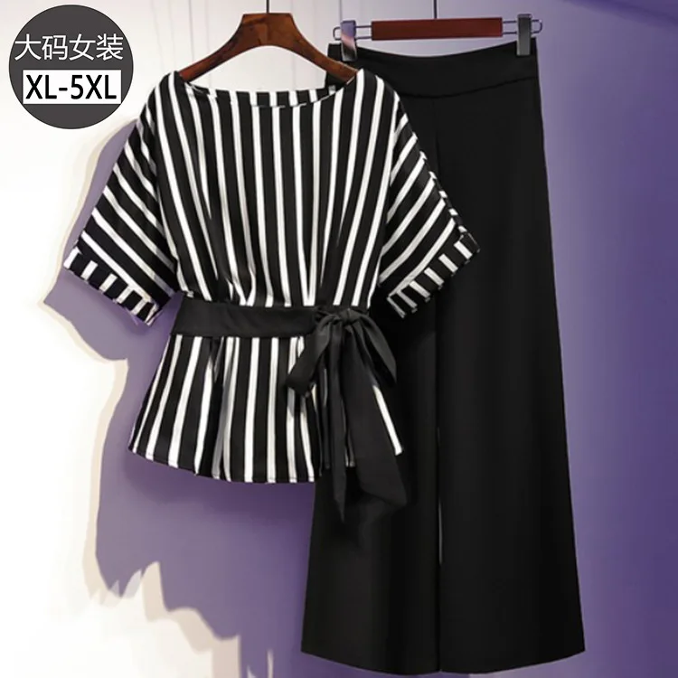 

Large Size Dress Stripes Crew Neck Short Sleeve Waist Hugging Bow Tops Loose Pants Casual Two-Piece Set Fashion Fat Mm