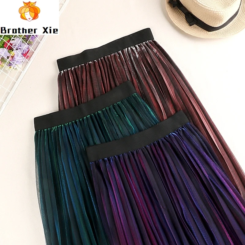 

A102 fall's new all-around slim high waist reflective gradient color changing pleated mesh medium length skirt children