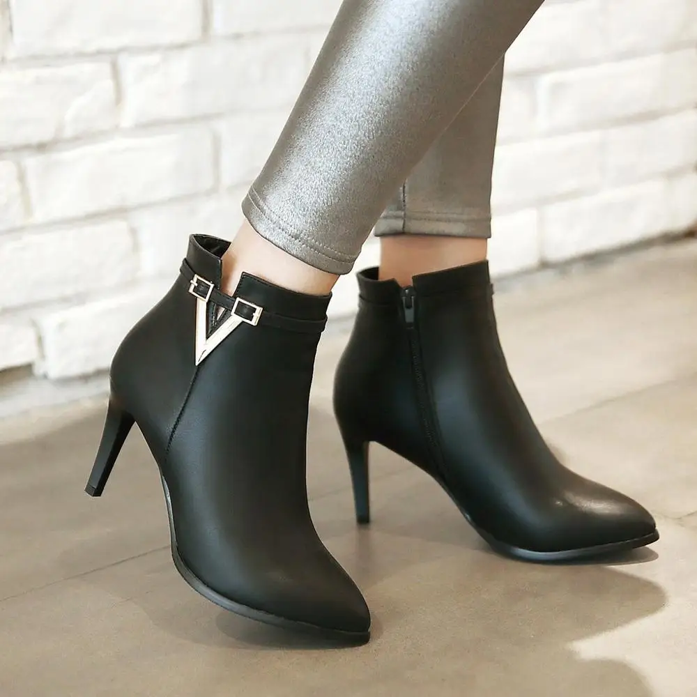

Zipper Big Size Shoes Woman Boots Ladies Booties Red Pointy High Ankle Metal Decoration Basic Solid Spring Women PU Thin Heels