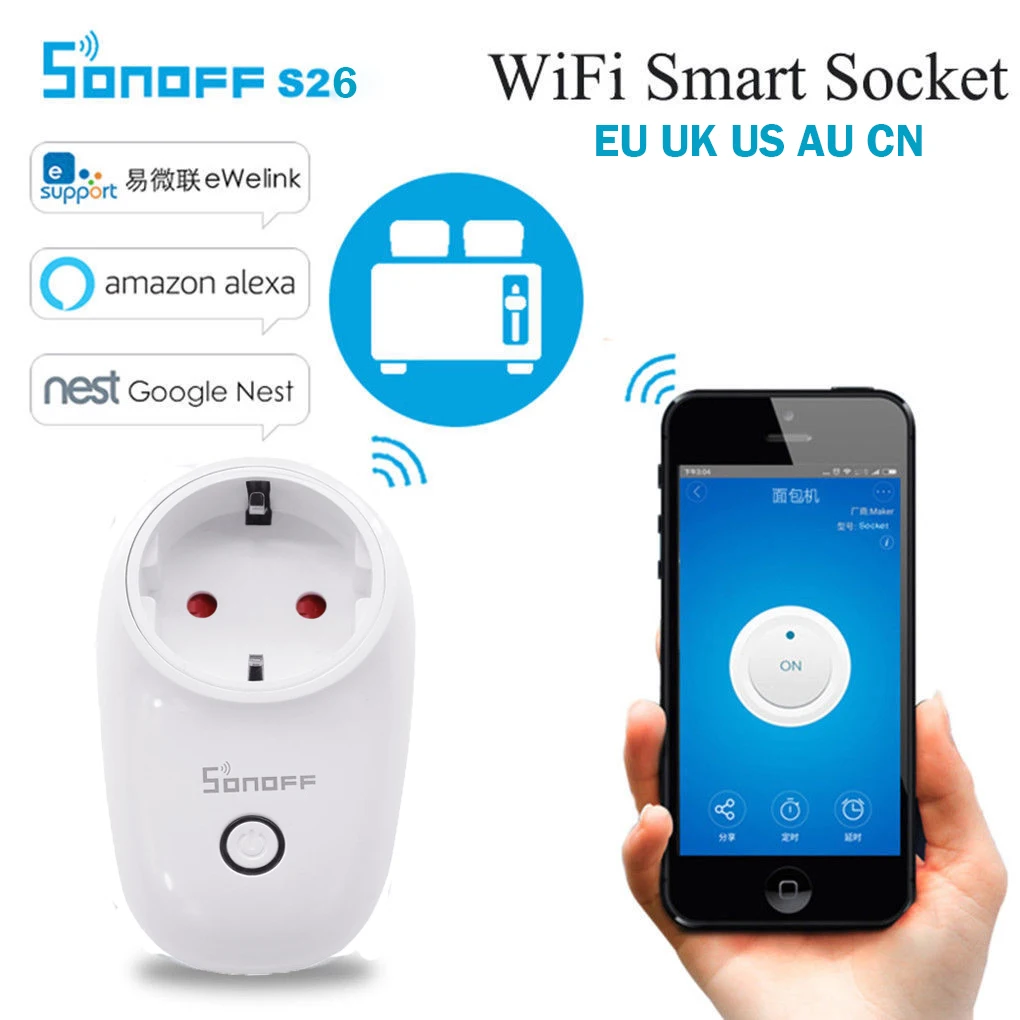 

Sonoff S26 WiFi Smart Home Switch EU US UK CN AU Plug Automation Remote Wireless Controls Socket Works with IFTTT Alexa Amazon