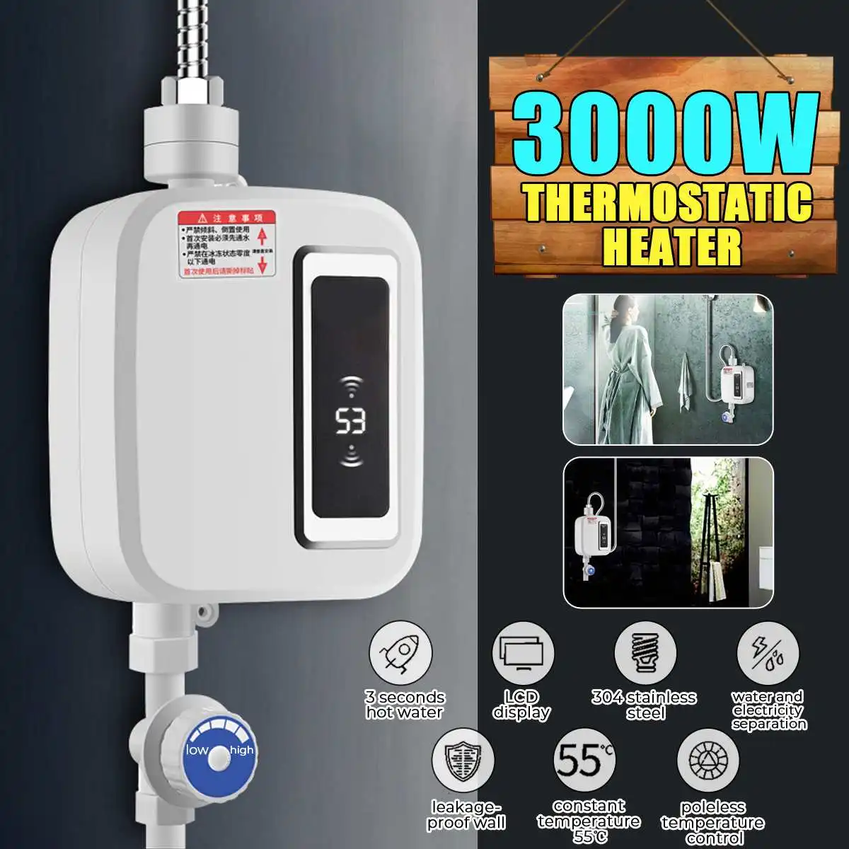 

3500W Water Heater Bathroom Kitchen Instant Electric Hot Water Heater Tap Temperature LCD Display Faucet Shower Tankless