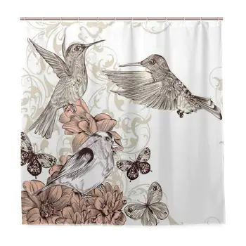 

Shower Curtain, Vintage Birds Butterflies Art Print Customized Bathroom Shower Curtain Set with Hooks, W72 xH79