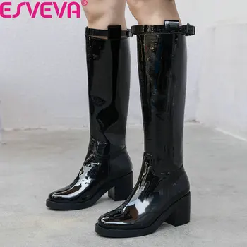 

ESVEVA 2020 Cow Leather Patent Leather Round Toe Knee High Boots Autumn Winter Square Heel Buckle Zipper Women Shoes Size 34-39
