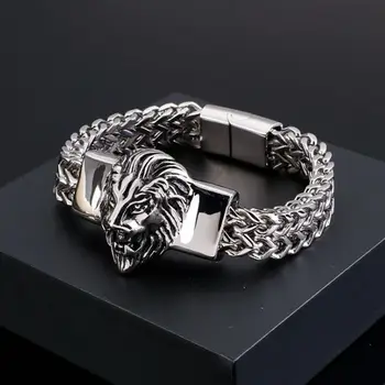 

12mm Wide Top Design Silver Color Stainless Steel Lion Head Cool Buckle Figaro Chain Bracelet For Men 8.66inch Punk Jewelry