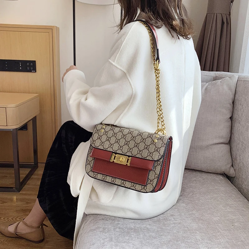 

Ladies Pure Color PU Leather Handbag Printed Chain Bag Young Ladies Simple Multi-functional Bag Single Shoulder Crossbody Bag