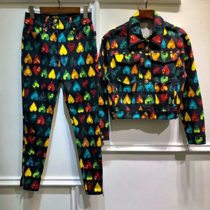 

9.10 2019 Autumn New women print Denim Jacket + fashion personality sequined Color print Jeans