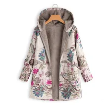Женская ветровка, зимняя теплая верхняя одежда, цветочный принт, с капюшоном, с карманами, Ретро стиль, больше размера, пальто размера плюс, Женская куртка, плюшевое пальто