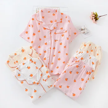 

Women Pajamas Sets Short Sleeve Homewear Summer Komplety Damskie Ladies Cotton Shirt + Long Trousers 2 Piece Set Sleepwear