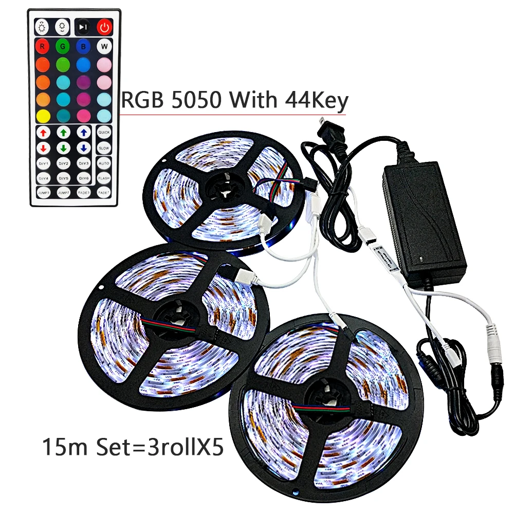 Светодиодный светильник RGB SMD 5050 гибкая лента 30 светодиодов/м 5 м 10 м 15 М лента диод DC 12 В Светодиодная лента, светодиодный контроллер+ адаптер