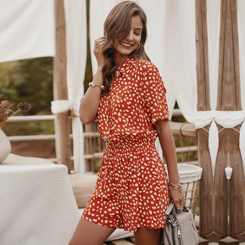 

Chifirena Summer Floral Playsuit Women Turn Down Collar Shirt Jumpsuit Elastic Waist Button Rompers Casual Beach Boho Overalls