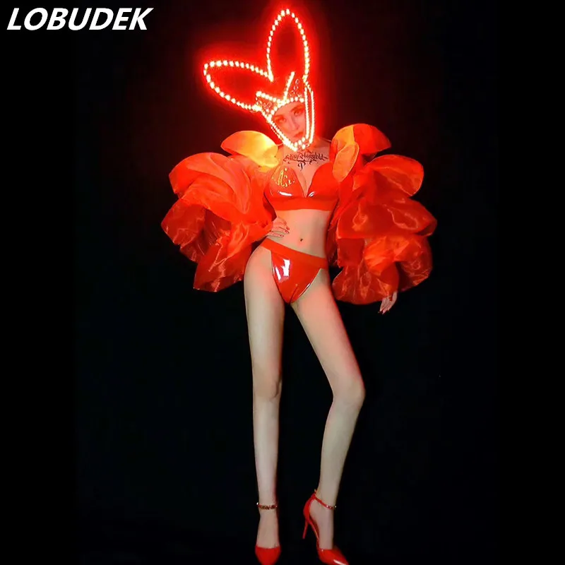 DJ Nightclub Sexy Dance Costume Red Leather Bikini Luminous LED Headdress Stage Wear Party Show Performance Outfit For Singer |