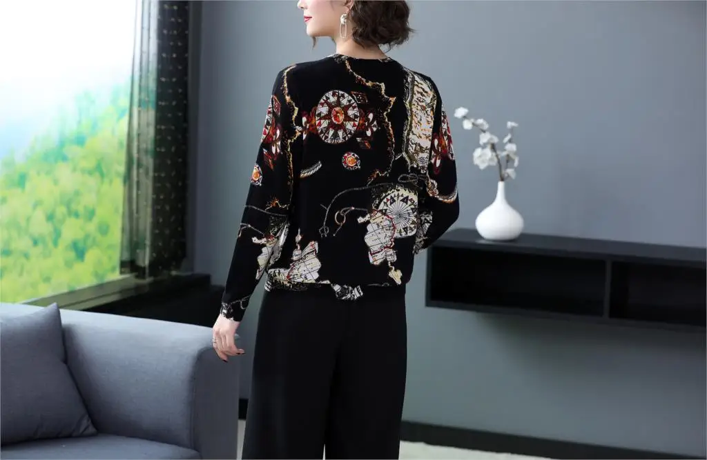 YISU Autumn Winter Sweater O-Neck Long Sleeve pullover fashion Print pattern Jumper Tops Casual Loose Knitted sweaters Women