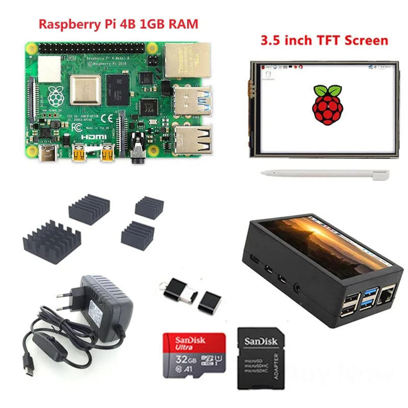 Raspberry Pi 4 Модель B комплект 3,5 дюйма ЖК-дисплей | 32 Гб sd-карта | ABS Чехол | радиатор | USB C адаптер питания для Raspberry pi 4B - Цвет: Серый